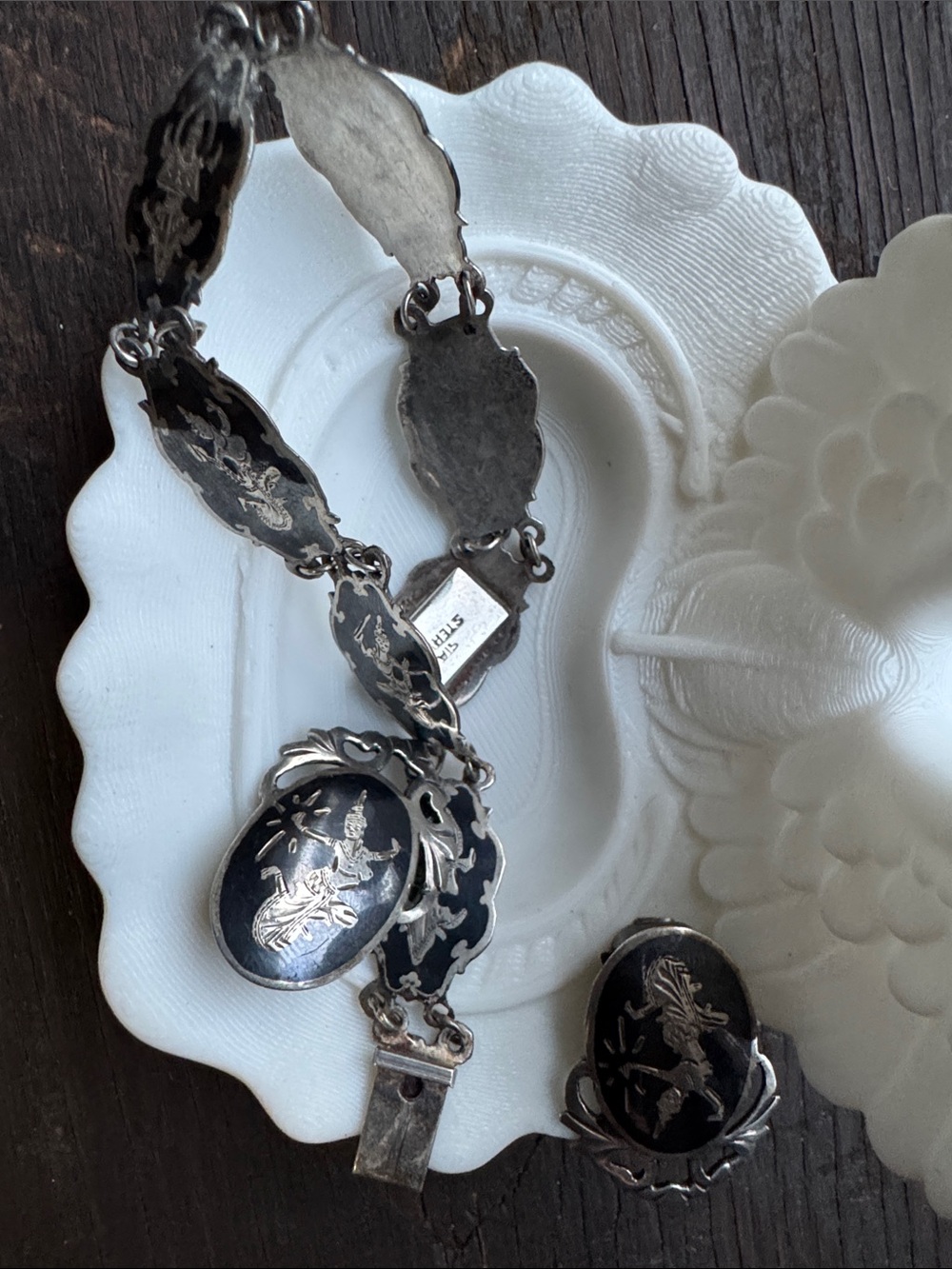 Vintage Siam Sterling Silver Niello Bracelet &Earrings Set